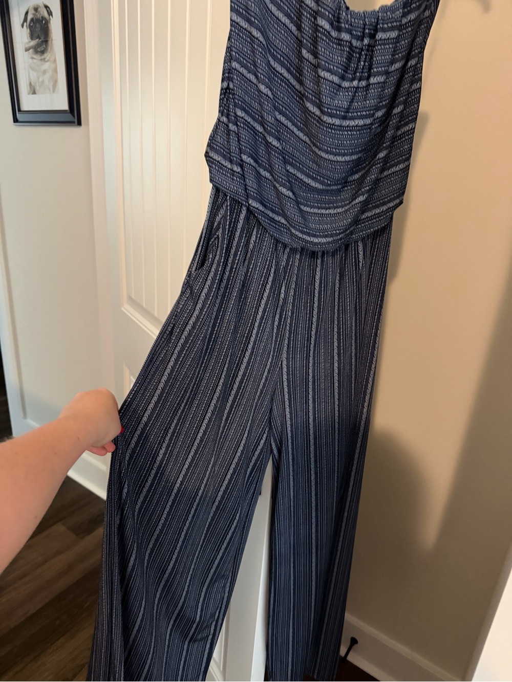 Exist Navy and White Striped Strapless Jumpsuit